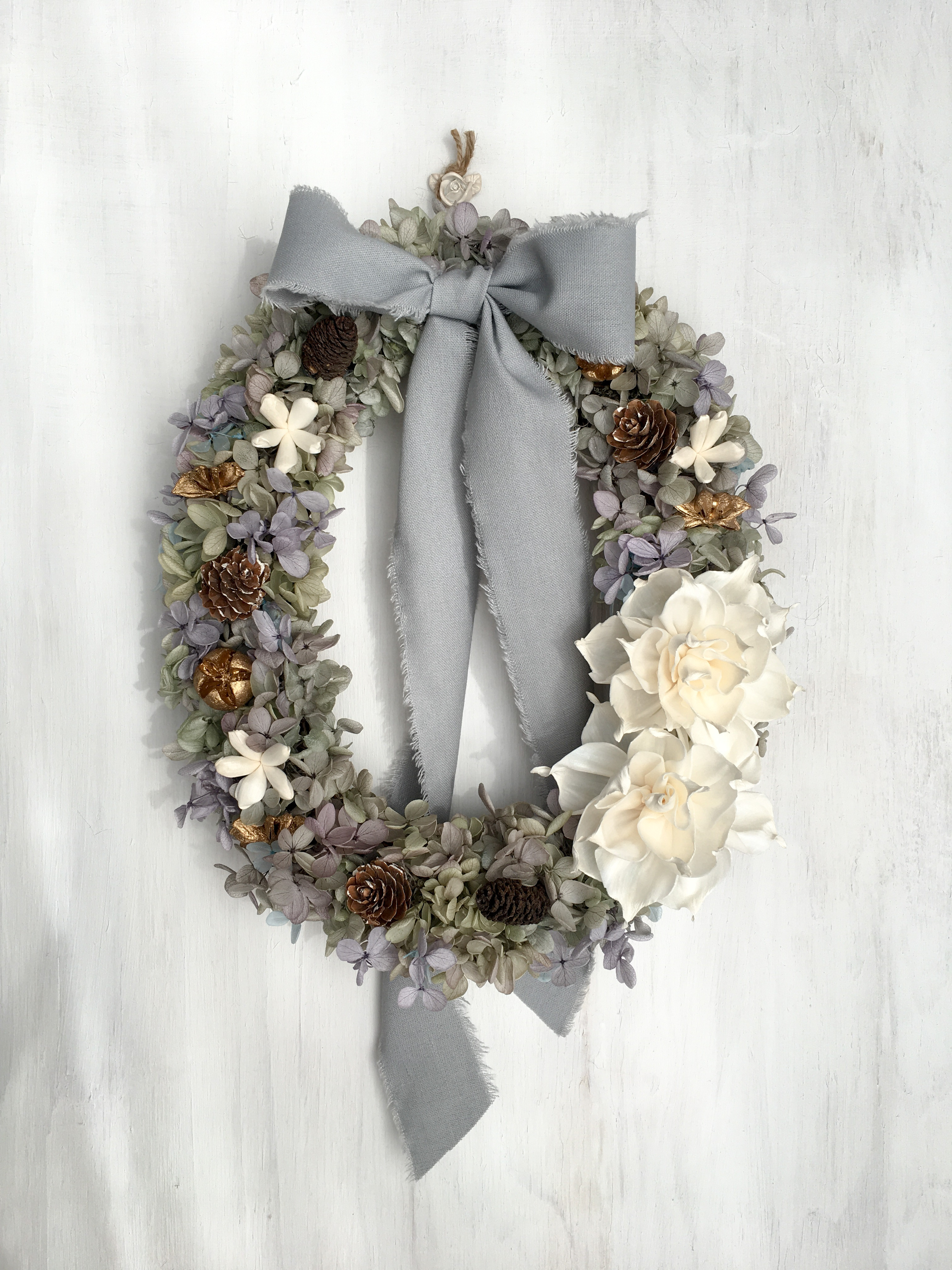 ＊ボタニカルなナチュラルリース＊　オレガノパープル　ドライ素材とコットンリボン　soraフラワー　プリザーブドフラ