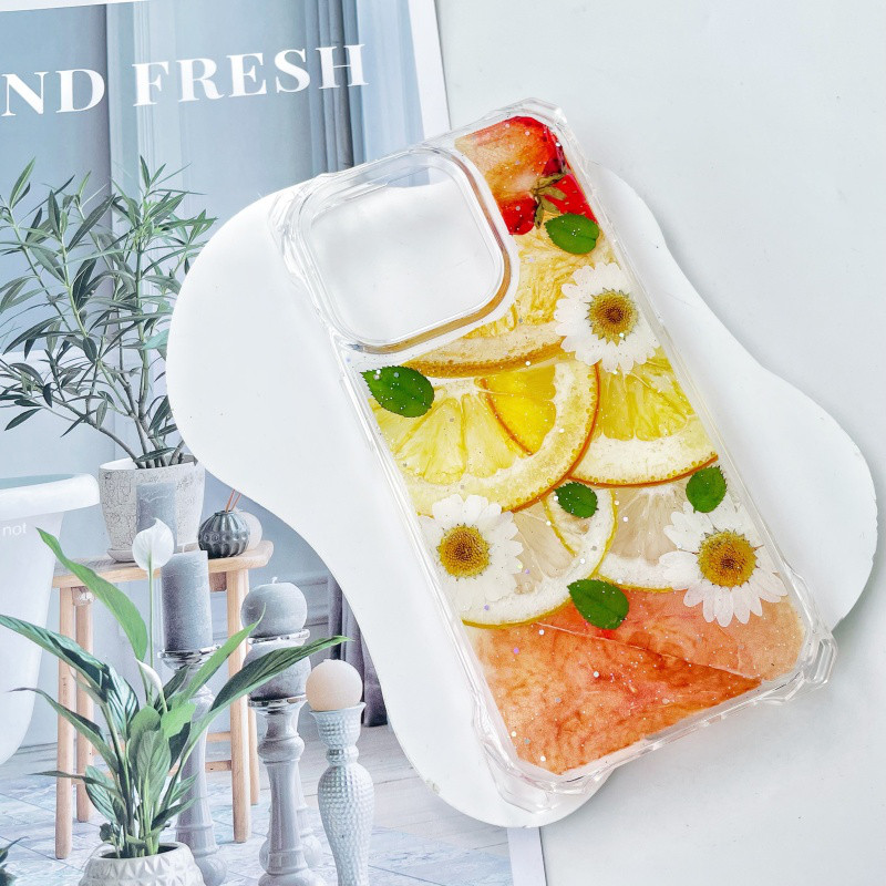 四隅にショルダーホール付き、いちご、すいか、レモン、みかん・オレンジ、押し花スマホケース、iPhone全機種対応