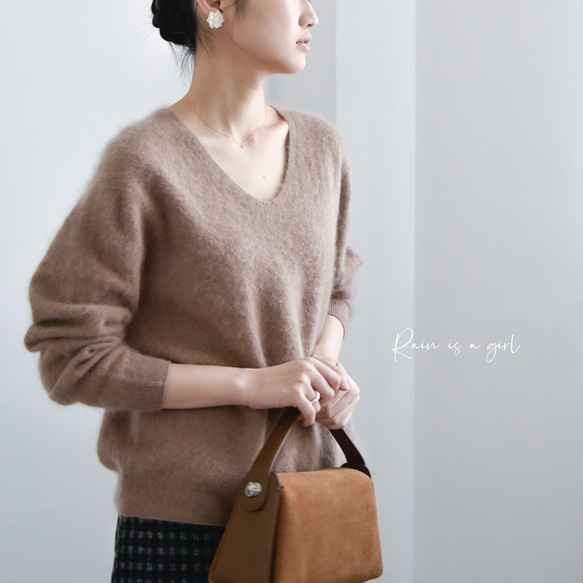 【カシミヤ100%★無縫製】超柔らか起毛│ シームレス│ バルーンスリーブ │Vネック│上品│T-237 2枚目の画像