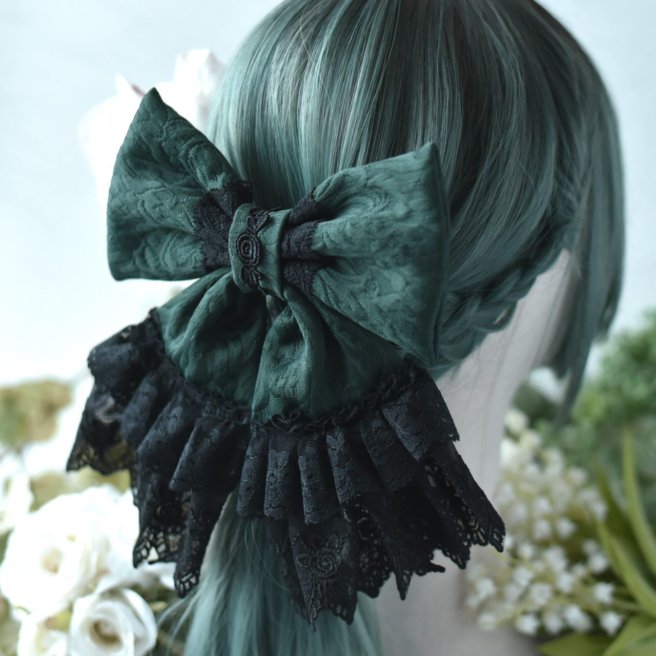 常緑の精霊｜深緑のジャガード生地と黒ダブルレースが美しいジャボタイ2wayリボン／ゴシック ロリータ ヘアアクセサリー