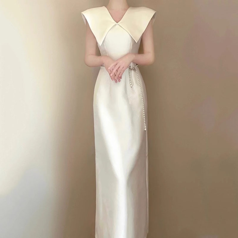 高級感 白 黒 サテン シンプル ウェディングドレス 結婚式 パーティー 披露宴 演奏会 二次会 前撮り HL346