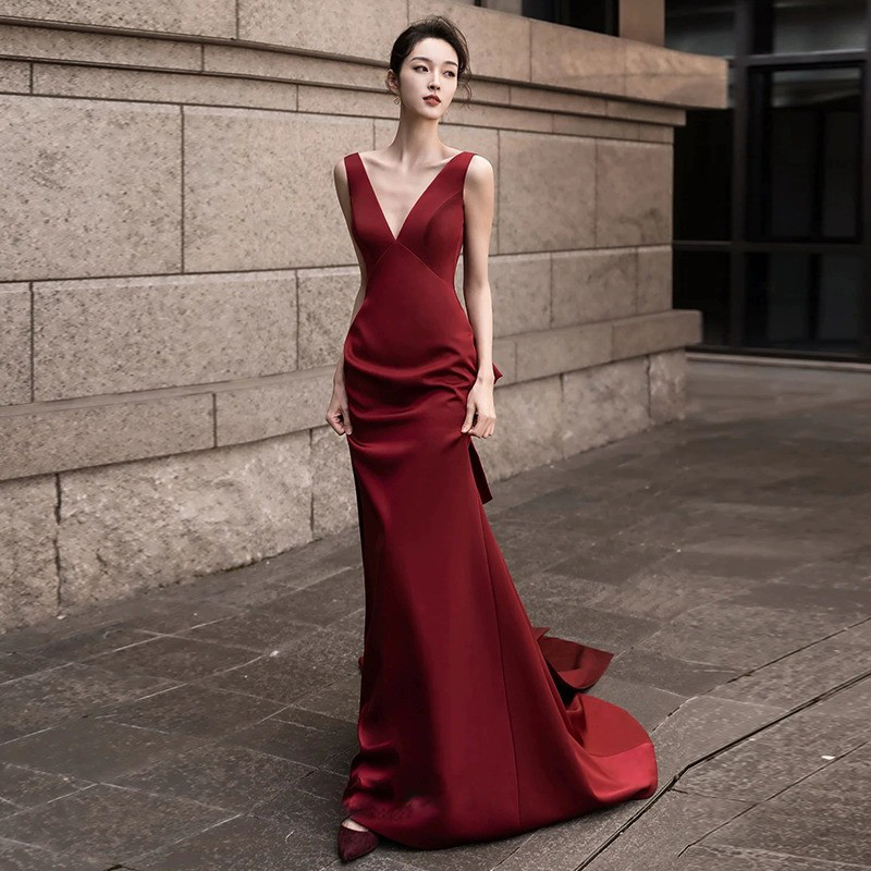 ノースリーブ 赤 Vネック リボン パーティードレス 韓国風 結婚式 パーティー 演奏会 二次会 前撮り HL348