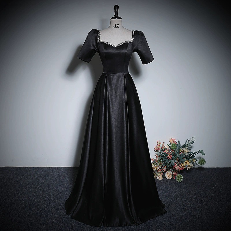 パフスリーブ 黒 パーティードレス シンプル エレガント 韓国風 結婚式 パーティー 演奏会 二次会 前撮り HL351