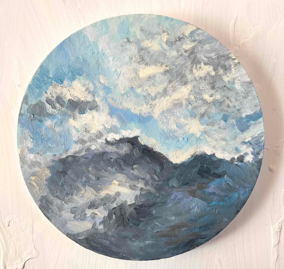 直径25㎝「画家の家の上空2」油彩・絵画・原画・丸形・アートパネル