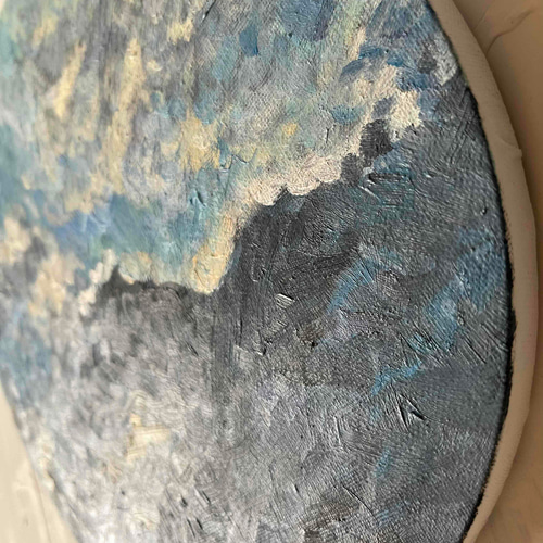 直径25㎝「画家の家の上空2」油彩・絵画・原画・丸形・アートパネル