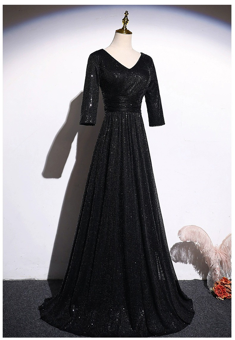 半袖 黒 Vネック スパンコール パーティードレス シンプル 韓国風 パーティー 演奏会 二次会 前撮り HL352