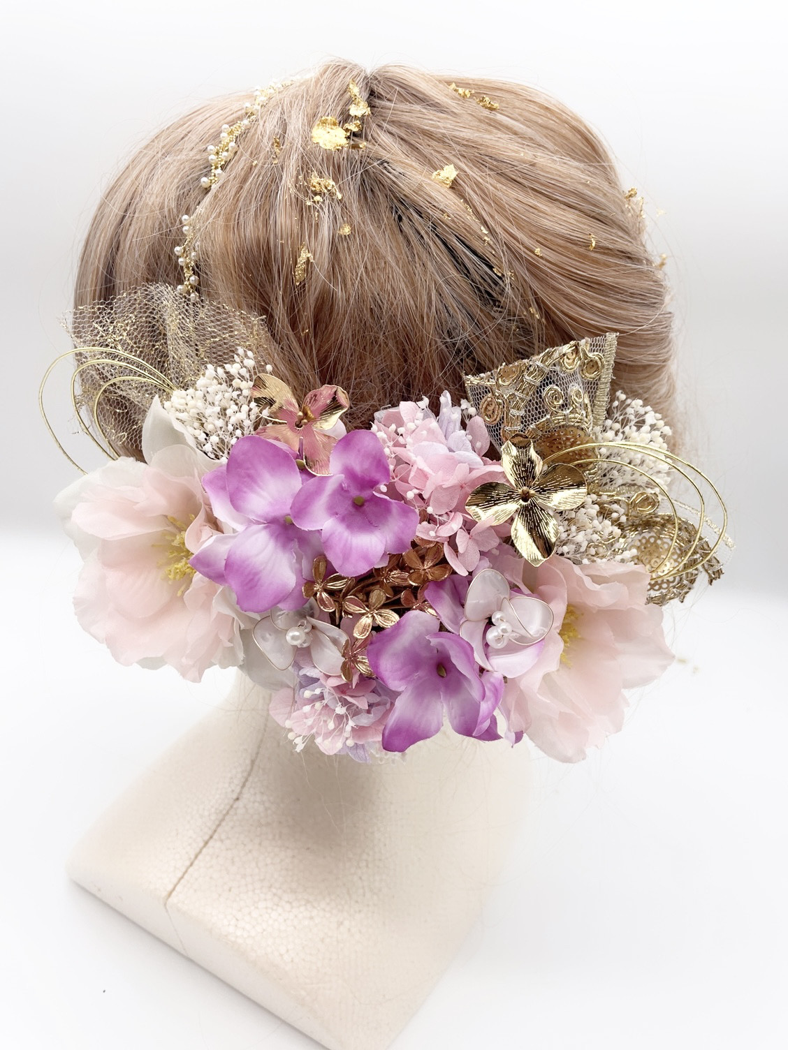 和装髪飾り　ヘッドドレス　水引×金箔×カチューシャ　ゴールド　ホワイト　パープル