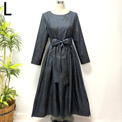 着物リメイク【L】正絹本場大島紬☆藍泥染7マルキ☆Aラインワンピース