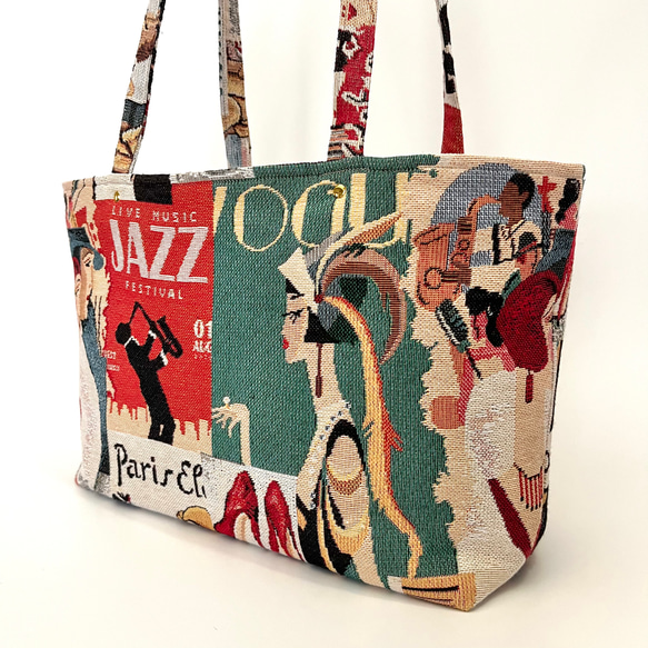 《 1点限定* 》JAZZのショルダートートバッグ オランダ製ゴブラン生地　マチ付きたっぷり大容量 6枚目の画像