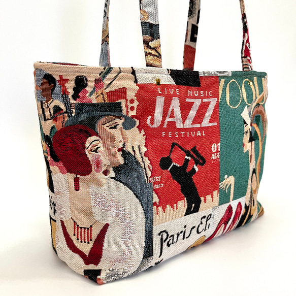《 1点限定* 》JAZZのショルダートートバッグ オランダ製ゴブラン生地　マチ付きたっぷり大容量 5枚目の画像