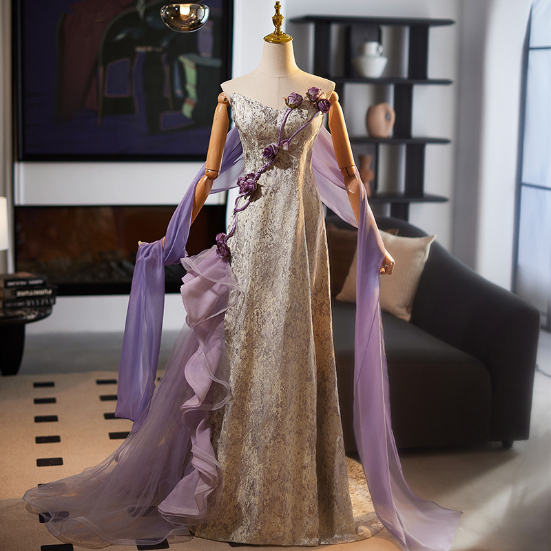 高級感 紫 立体 パーティードレス 裾引き プリンセス 綺麗 謝恩会 演奏会 二次会 前撮り 披露宴 09019