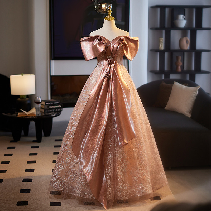 高級感 シャンパン色 オフショルダー 花 パーティードレス プリンセス 綺麗 演奏会 二次会 前撮り 披露宴 09018