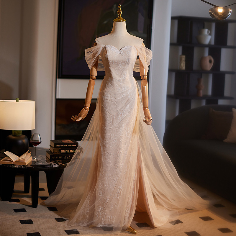 高級感 シャンパン色 マーメイドドレス パーティードレス 裾引き 綺麗 演奏会 二次会 前撮り 披露宴 09016