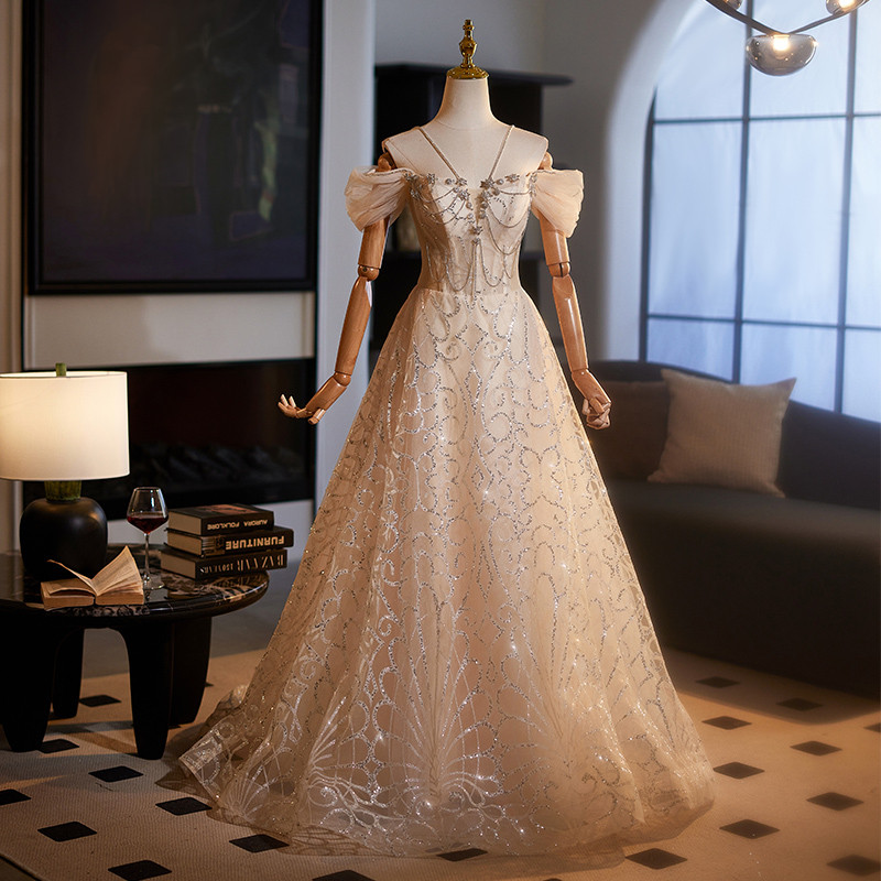 高級感 オフショルダー シャンパン色 スパンコール パーティードレス 裾引き 演奏会 二次会 前撮り 披露宴 09015