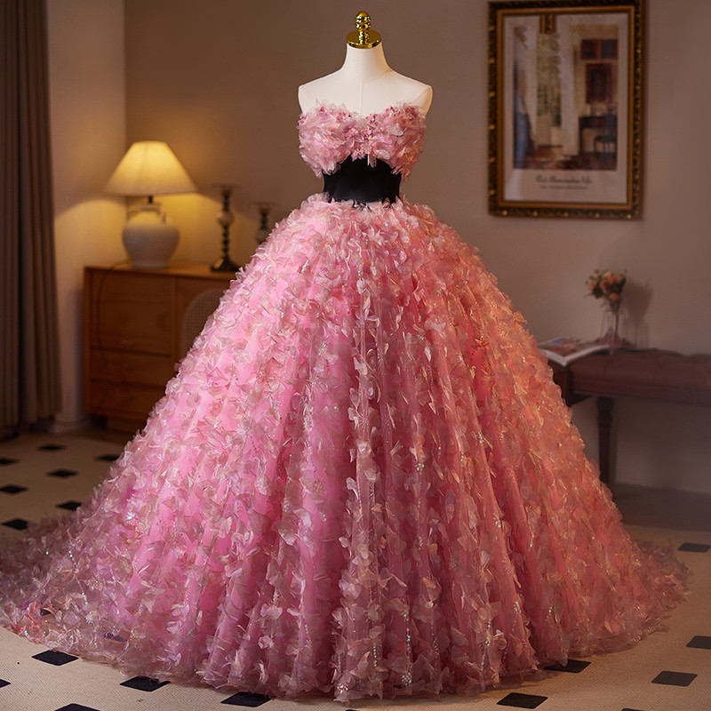 豪華 ピンク 花 ふわふわ パーティードレス プリンセス 綺麗 成人式 演奏会 二次会 前撮り 披露宴 09014