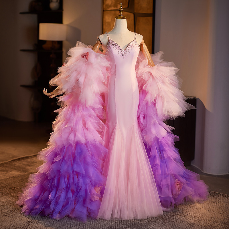 綺麗 ピンク マーメイドドレス 裾引き 豪華肩飾りが付 成人式 演奏会 二次会 前撮り 披露宴 09013