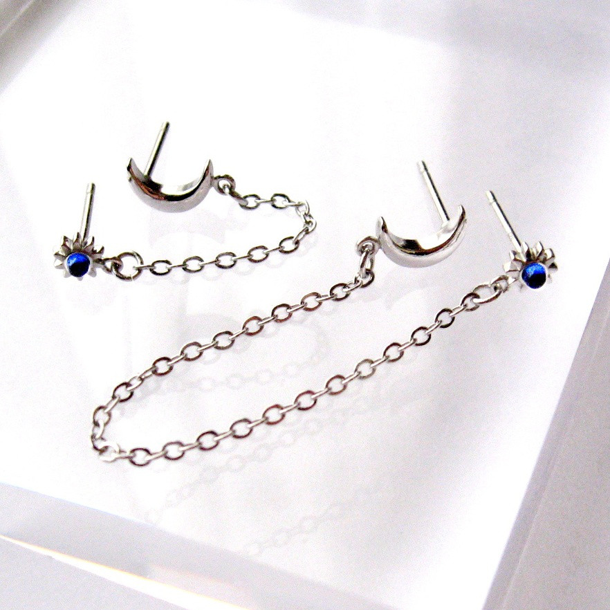 月と太陽のダブルポストピアス（ロング/ショート)(sv925製/ロジウムメッキver.）No.1-2sv