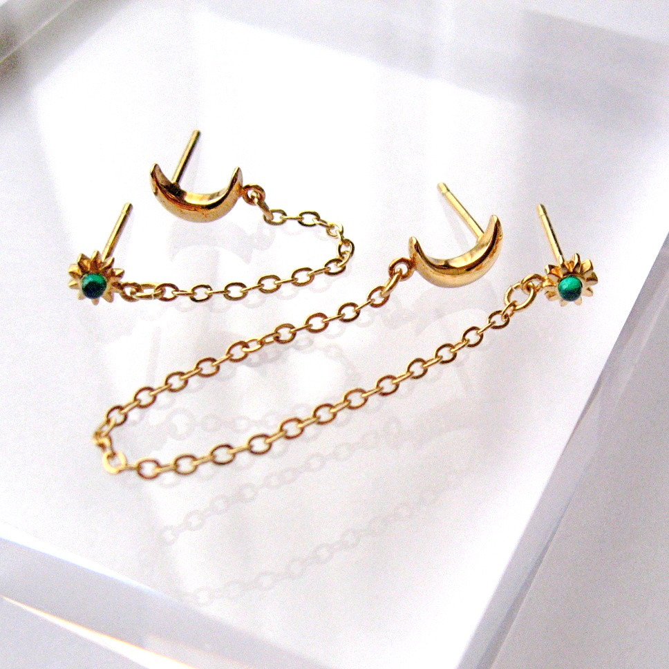 月と太陽のダブルポストピアス（ロング/ショート)(sv925製/18Kゴールドメッキver.）No.1-2g