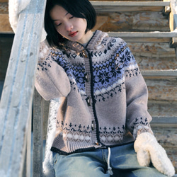 フード付き ウール100%フェアアイル編みセーター/カーディガン【秋冬春】 9枚目の画像