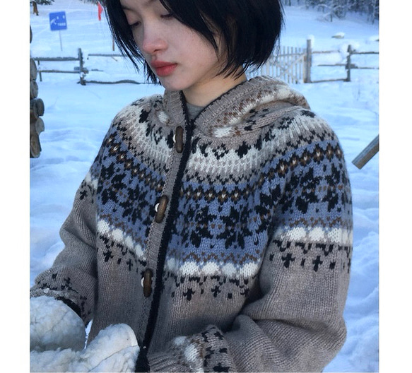 フード付き ウール100%フェアアイル編みセーター/カーディガン【秋冬春】 8枚目の画像