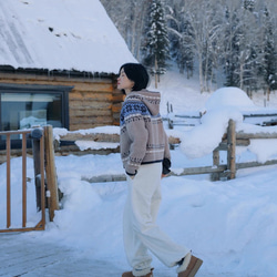 フード付き ウール100%フェアアイル編みセーター/カーディガン【秋冬春】 5枚目の画像