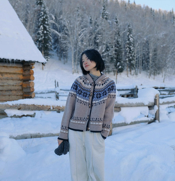 フード付き ウール100%フェアアイル編みセーター/カーディガン【秋冬春】 6枚目の画像