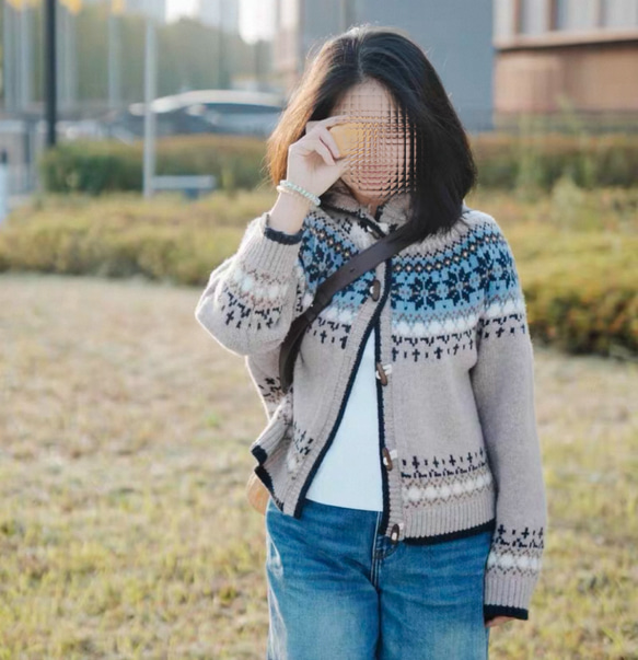 フード付き ウール100%フェアアイル編みセーター/カーディガン【秋冬春】 13枚目の画像