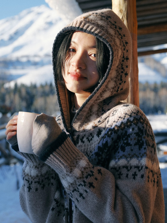 フード付き ウール100%フェアアイル編みセーター/カーディガン【秋冬春】 11枚目の画像