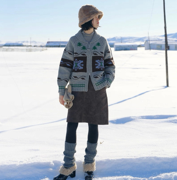 2色 ウール100%ノルディック編みセーター/カーディガン【秋冬春】グレー・レッド 11枚目の画像