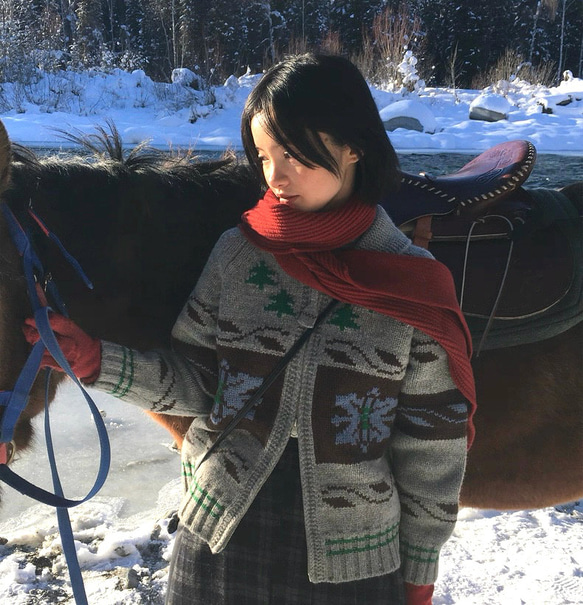 2色 ウール100%ノルディック編みセーター/カーディガン【秋冬春】グレー・レッド 12枚目の画像