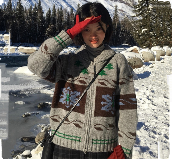 2色 ウール100%ノルディック編みセーター/カーディガン【秋冬春】グレー・レッド 13枚目の画像