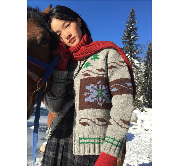 2色 ウール100%ノルディック編みセーター/カーディガン【秋冬春】グレー・レッド 8枚目の画像