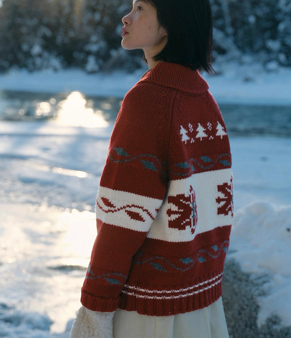 2色 ウール100%ノルディック編みセーター/カーディガン【秋冬春】グレー・レッド 4枚目の画像