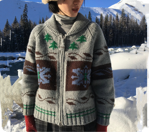 2色 ウール100%ノルディック編みセーター/カーディガン【秋冬春】グレー・レッド 3枚目の画像