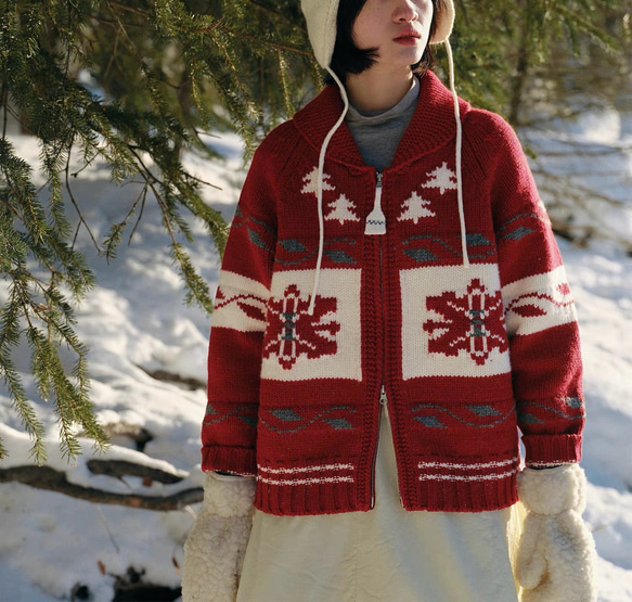 2色 ウール100%ノルディック編みセーター/カーディガン【秋冬春】グレー・レッド 1枚目の画像