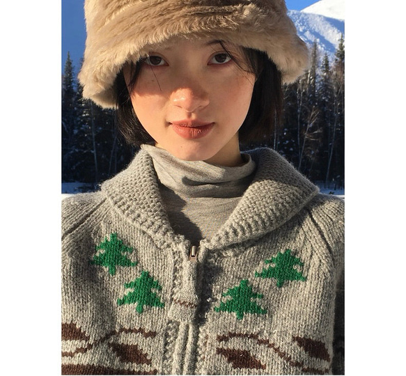 2色 ウール100%ノルディック編みセーター/カーディガン【秋冬春】グレー・レッド 7枚目の画像