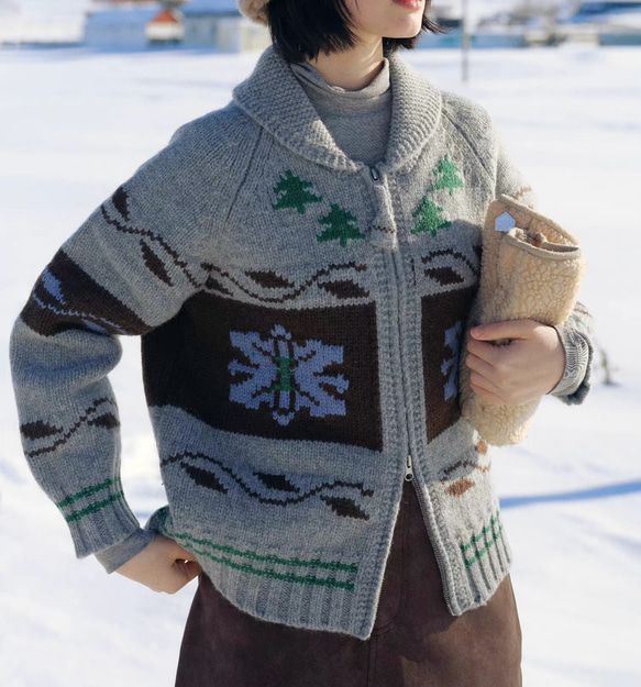 2色 ウール100%ノルディック編みセーター/カーディガン【秋冬春】グレー・レッド 2枚目の画像