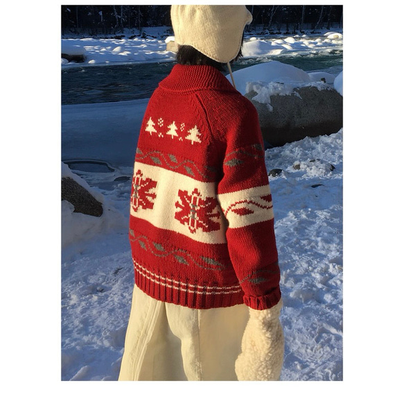 2色 ウール100%ノルディック編みセーター/カーディガン【秋冬春】グレー・レッド 16枚目の画像