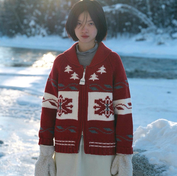 2色 ウール100%ノルディック編みセーター/カーディガン【秋冬春】グレー・レッド 15枚目の画像