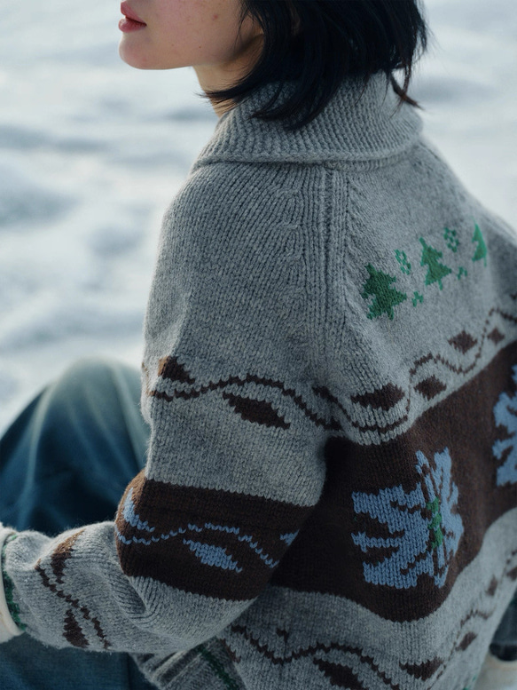 2色 ウール100%ノルディック編みセーター/カーディガン【秋冬春】グレー・レッド 5枚目の画像