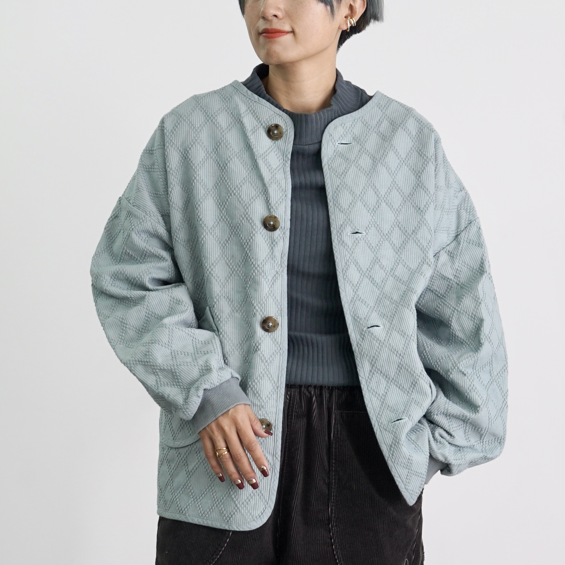 ダイヤ柄ノーカラージャケット/ミストブルー/知多木綿刺し子織