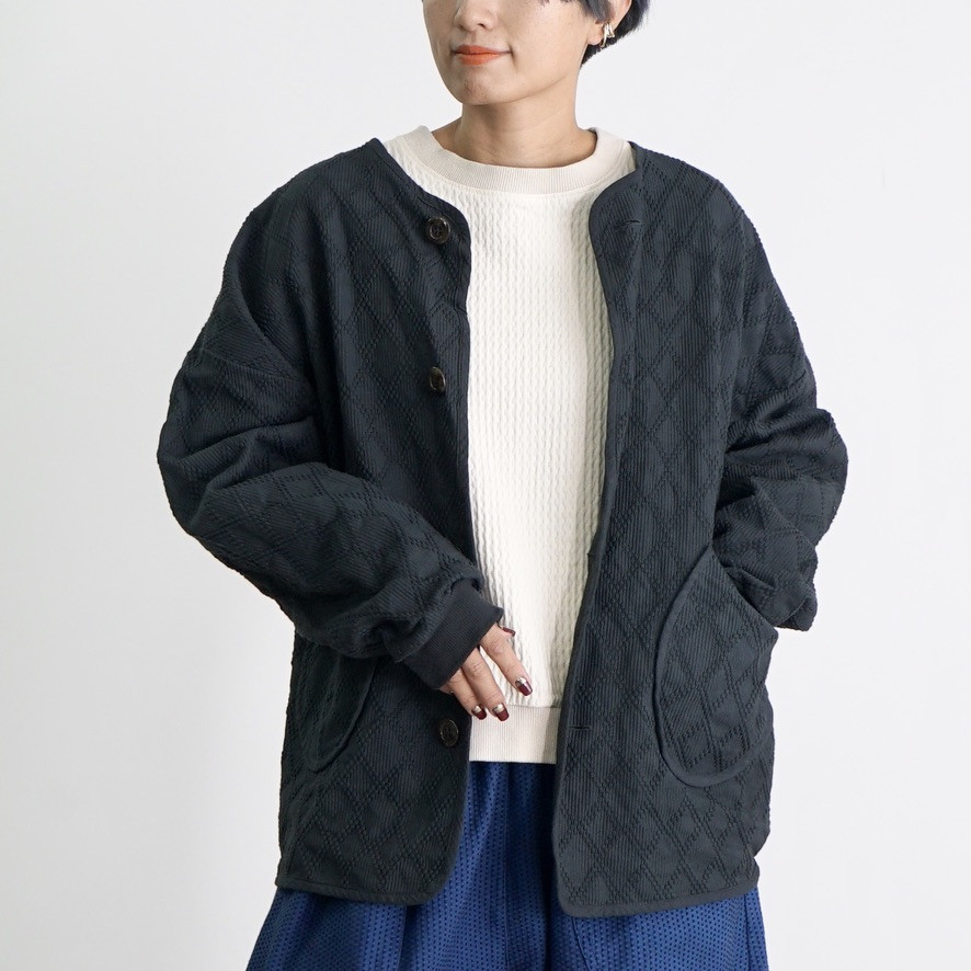 ダイヤ柄ノーカラージャケット/ブラック/知多木綿刺し子織