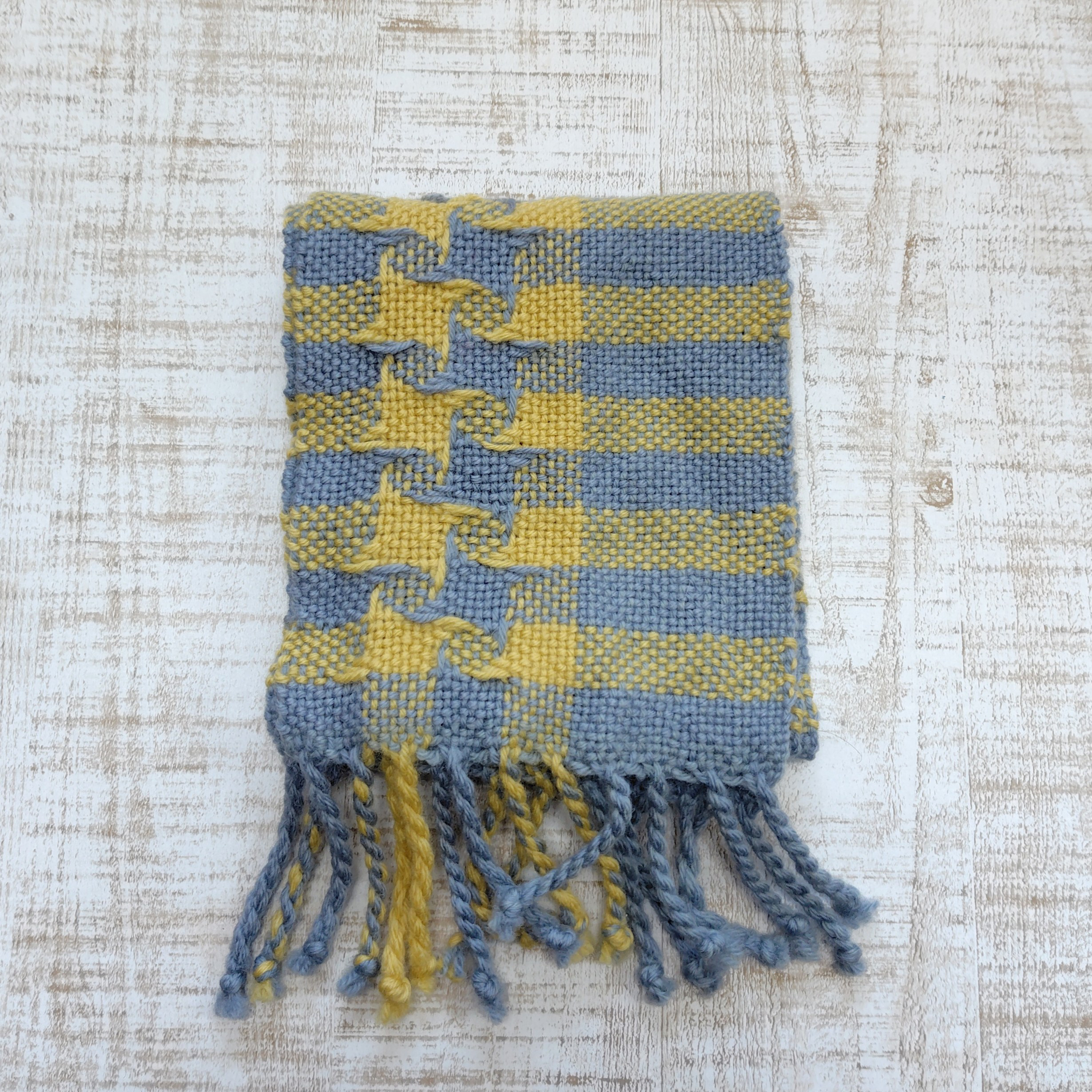 北欧っぽい風車織りミニマフラー　手織り　ブルーグレー＆レモンイエロー