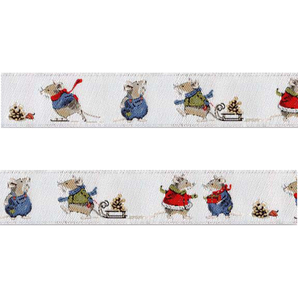 88㎝でカット！ドイツ『acufactum　アクファクタム　刺繍リボン ねずみとソリ―』～15㎜幅×88㎝でカット済み〜 1枚目の画像