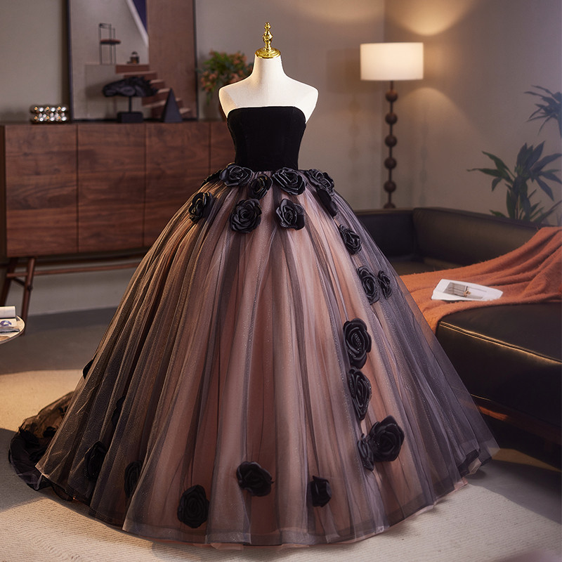 綺麗 黒 ふわふわ 立体花 パーティードレス プリンセス 誕生日 成人式 演奏会 二次会 前撮り 披露宴 09008