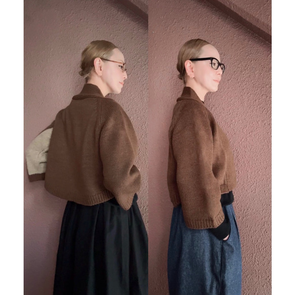 選擇您的長度❤️RATA原創❤️成熟女性披肩針織衫❤️不對稱撞色袖子❤️時尚棕色❤️附贈別針 第12張的照片