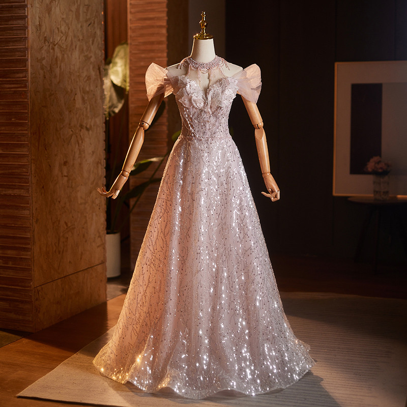 豪華 薄ピンク スパンコール きらきら パーティードレス 高級感 結婚式 演奏会 二次会 前撮り 披露宴 09000