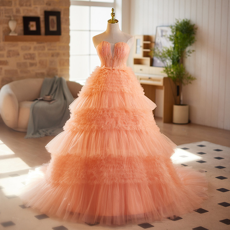 豪華 オレンジ ふわふわ パーティードレス プリンセス 花嫁 誕生日 成人式 演奏会 二次会 前撮り 披露宴 08995