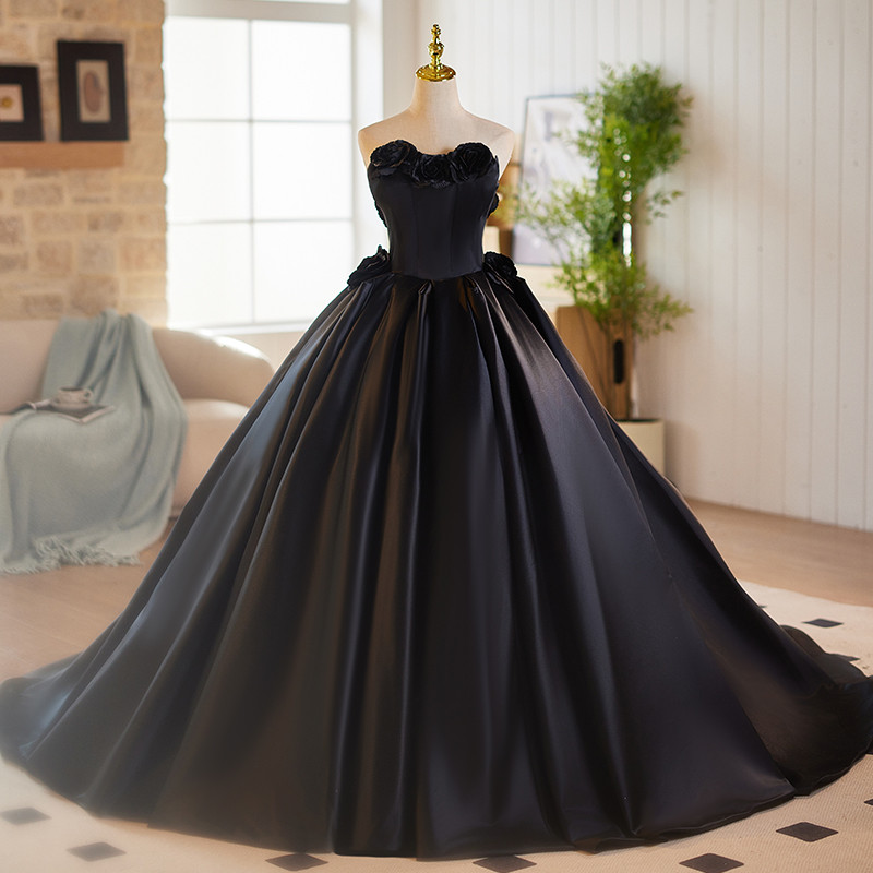 綺麗 黒 ふわふわ 立体花 パーティードレス プリンセス 花嫁 成人式 演奏会 二次会 前撮り 披露宴 08996
