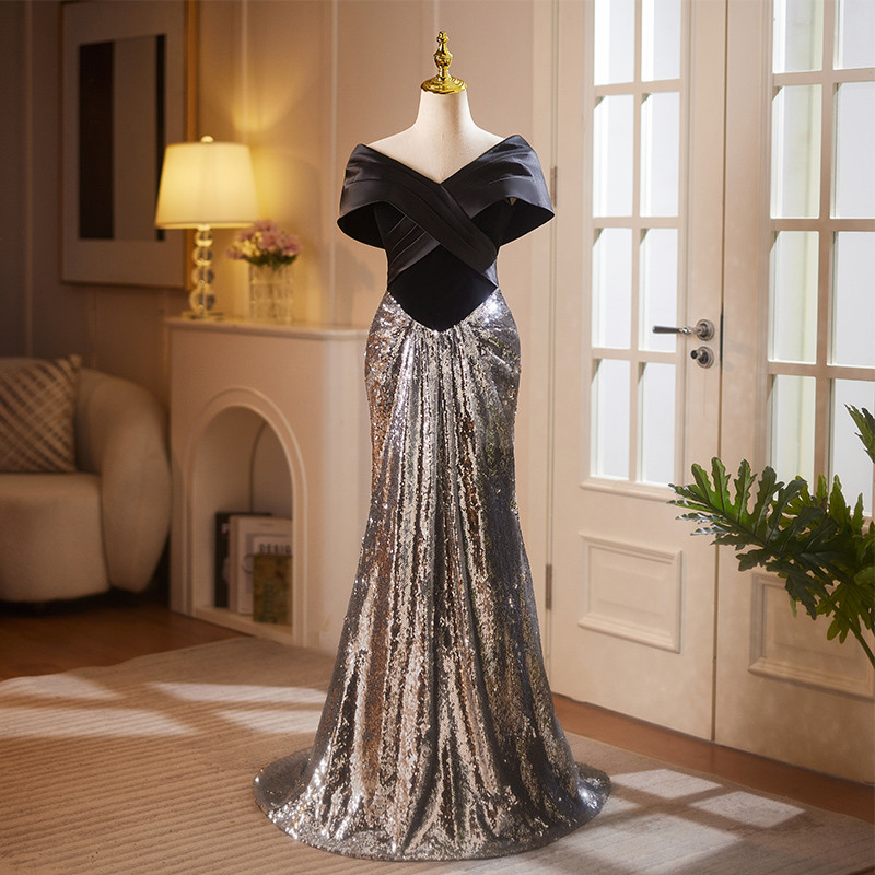 高級感 黒 オフショルダー キラキラ マーメイドドレス パーティードレス 演奏会 二次会 前撮り 披露宴 08997